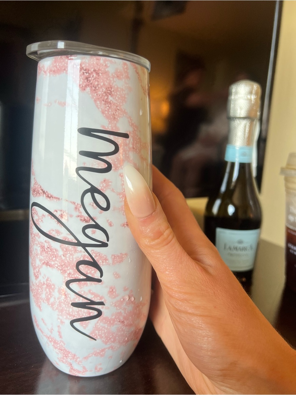 🍾🍷💕 Personalized Megan Pink Marble Stainless Travel Drink Tumbler Champagne Wine